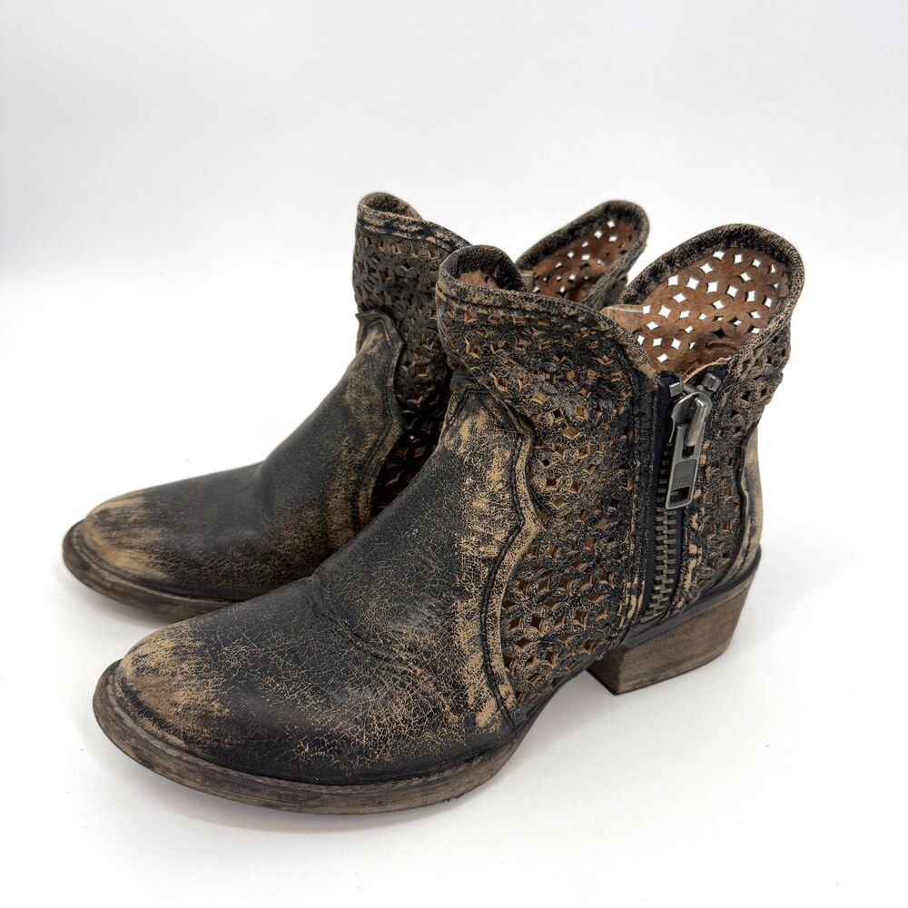 Circle G Corral Side Zip Boot Bootie Distressed Leather Cutout Gray Women Sz 8
